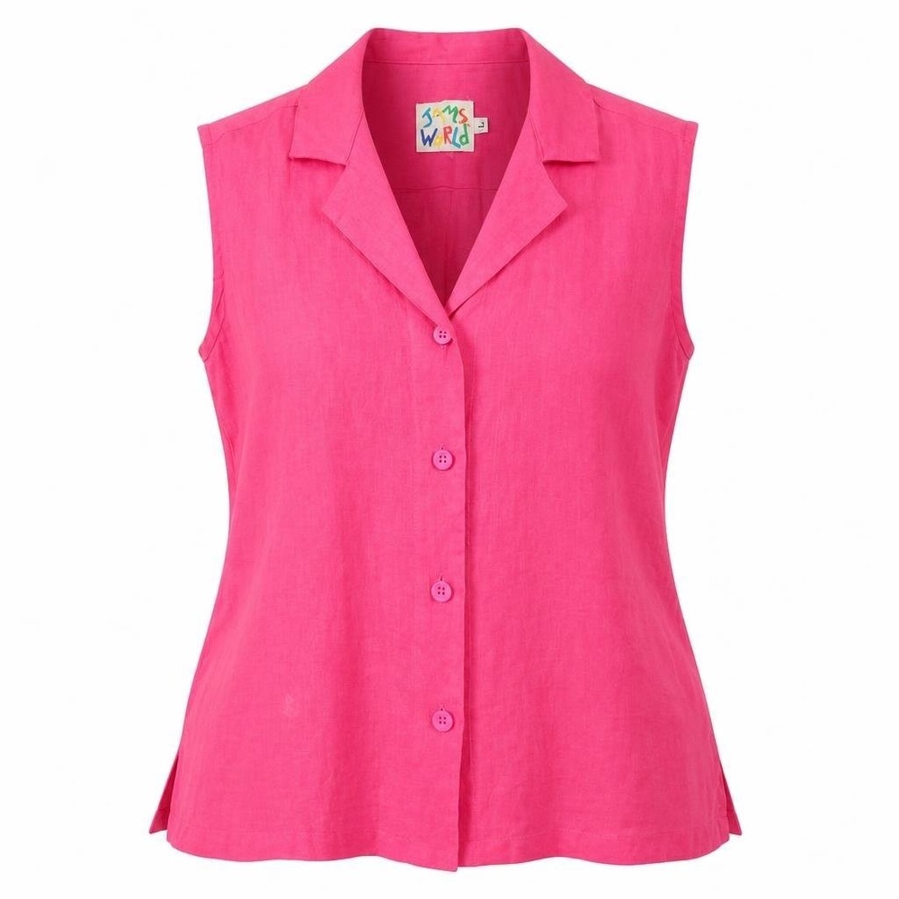 Vintage Jams World Blouse Womens L Pink Button Sleeveless Collared Linen Coastal